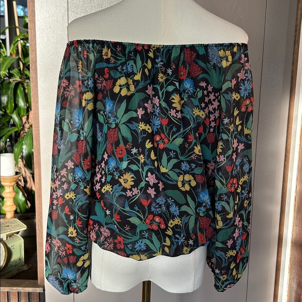 Alice + Olivia Flowy Boho Chiffon Multicolor Floral Off The Shoulder LS Blouse S